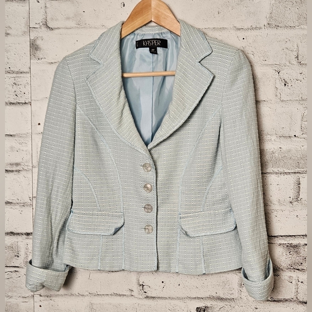 Kasper Light Blue Tweed Style Cropped Blazer Jacket Petite 8P Y2K